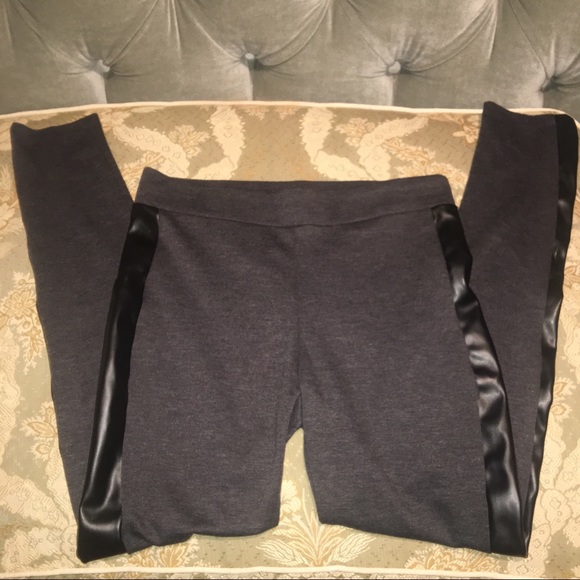 Necessary Objects Gray Leggings W/Faux Leather - Picture 3 of 4